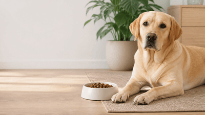 Labrador Retriever resting beside a food bowl in a bright home