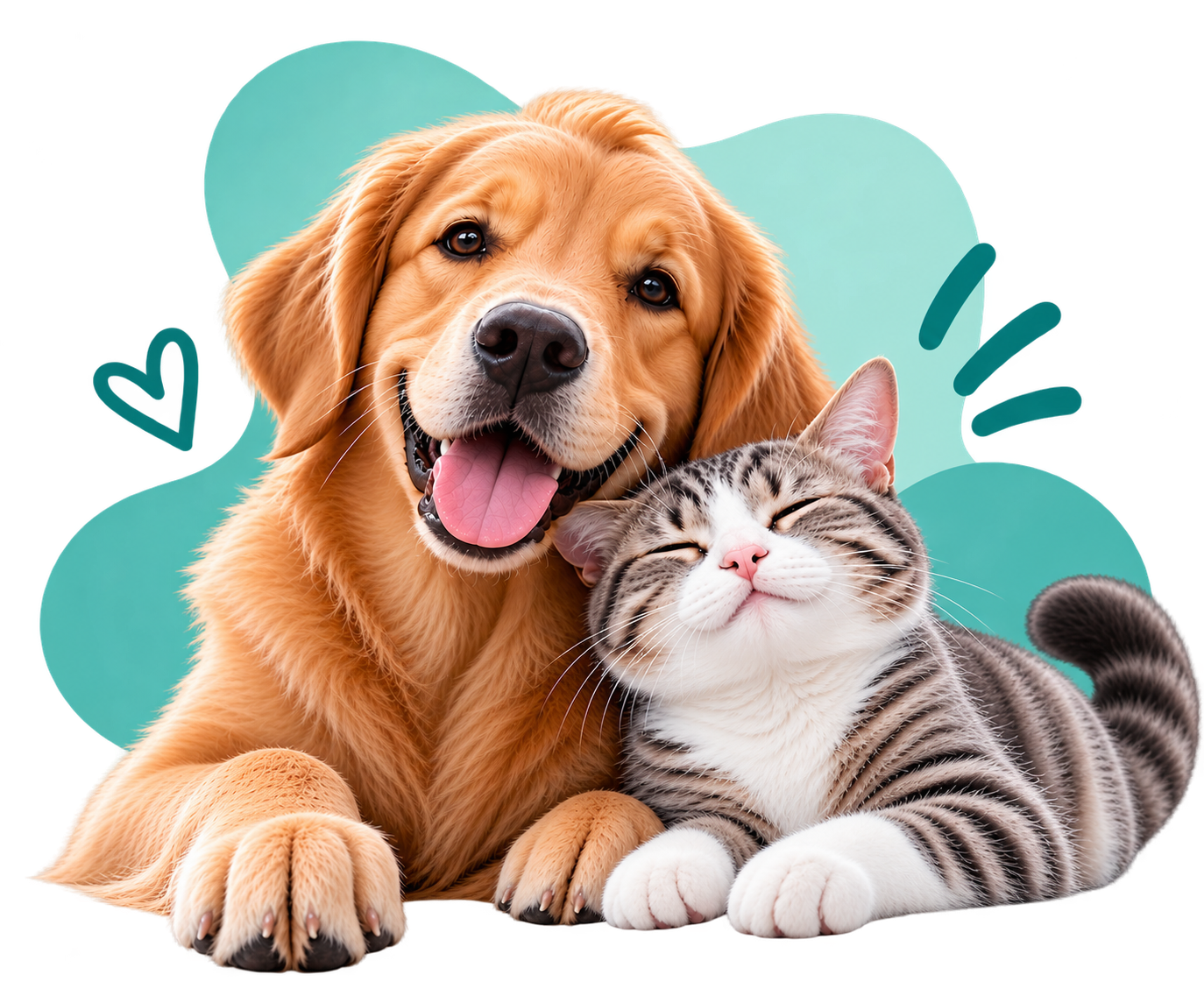 A golden retriever and a tabby cat resting together